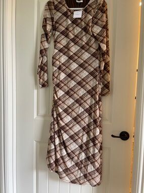 American Eagle Outfitters Brown and Cream Plaid Long-Sleeve Maxi Dress